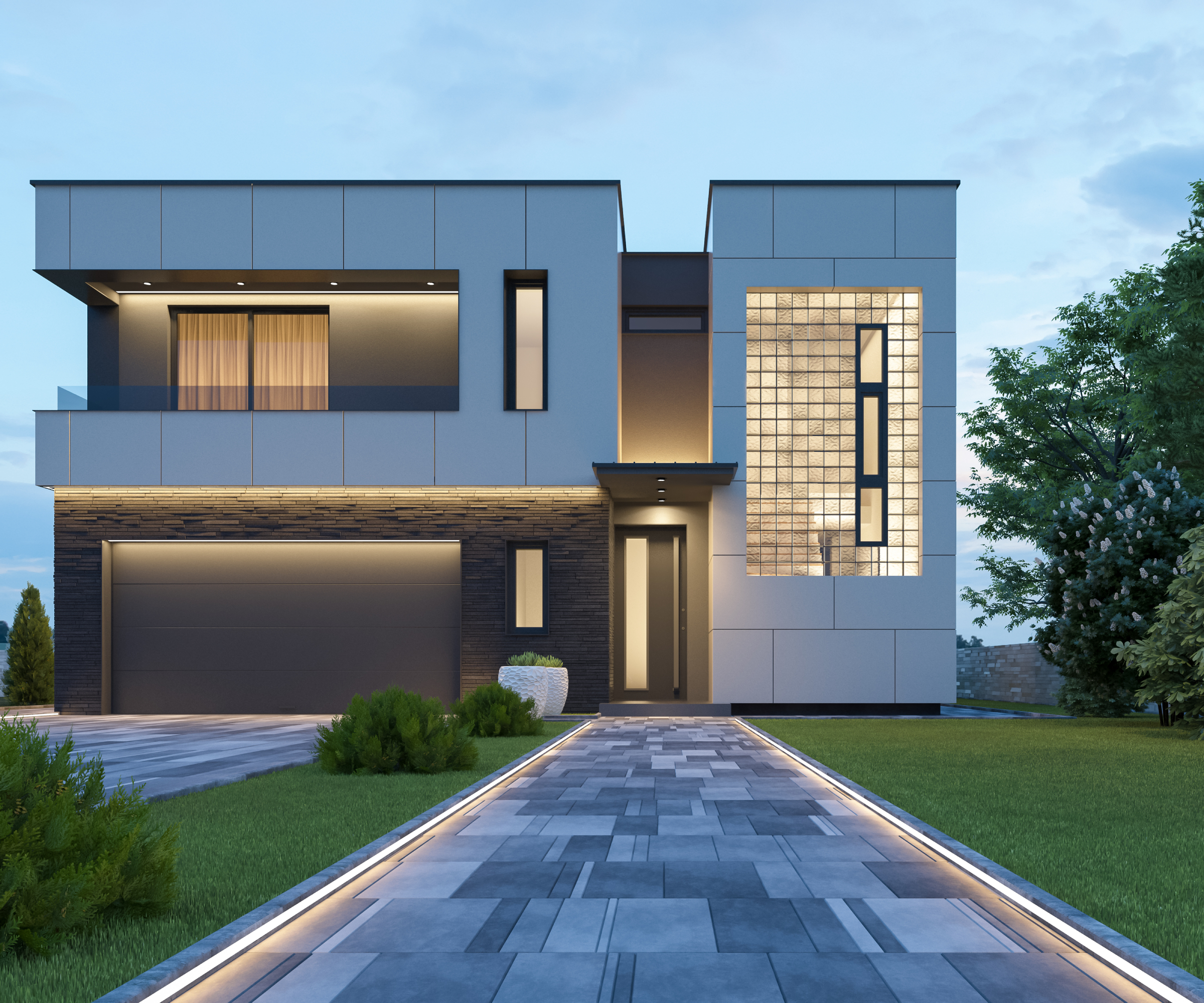 artists impression of modern two storey home with grey illuminated pathway leading to front door, lawn to either side of path