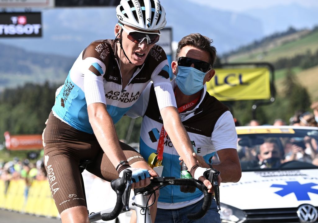 Team AG2R La Mondiale rider Frances Romain Bardet reacts at the end of the fifth stage of the 72nd edition of the Criterium du Dauphine cycling race 153 km between Megeve and Megeve on August 16 2020 Photo by AnneChristine POUJOULAT AFP Photo by ANNECHRISTINE POUJOULATAFP via Getty Images