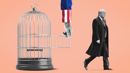 Donald Trump walking away from a birdcage