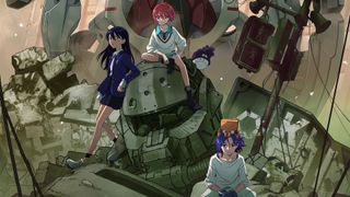 A screenshot shows Machu, Nyaan, and Shuji sitting around a broken mobile suit.