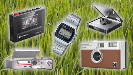 Retro tech arranged on a background of grass