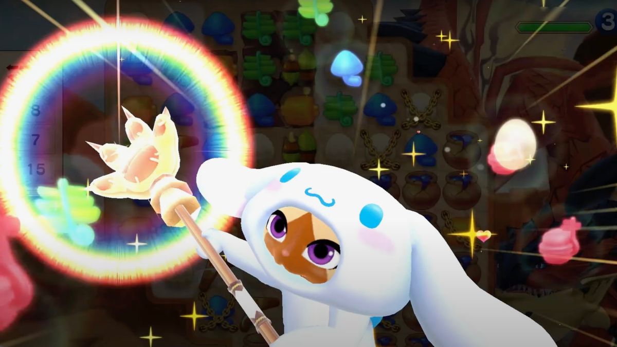 A screenshot shows the cat protagonist of Monster Hunter Puzzles waving a wand while wearing a Cinnamoroll costume.