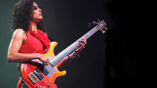 Rhonda Smith performs on stage with Jeff Beck at The Holland International Blues Festival in Grolloo, Netherlands, 9th June 2018. She is playing a PRS (Paul Reed Smith) Gary Grainger Bass guitar.