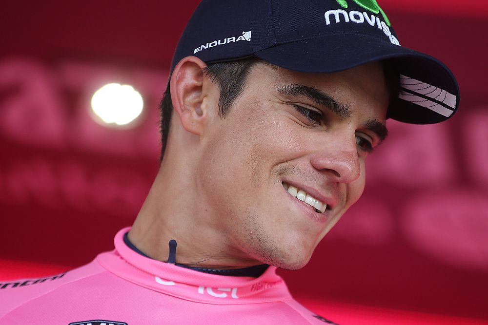 Andrey Amador (Movistar) happy with his pink jersey at the Gird d'Italia