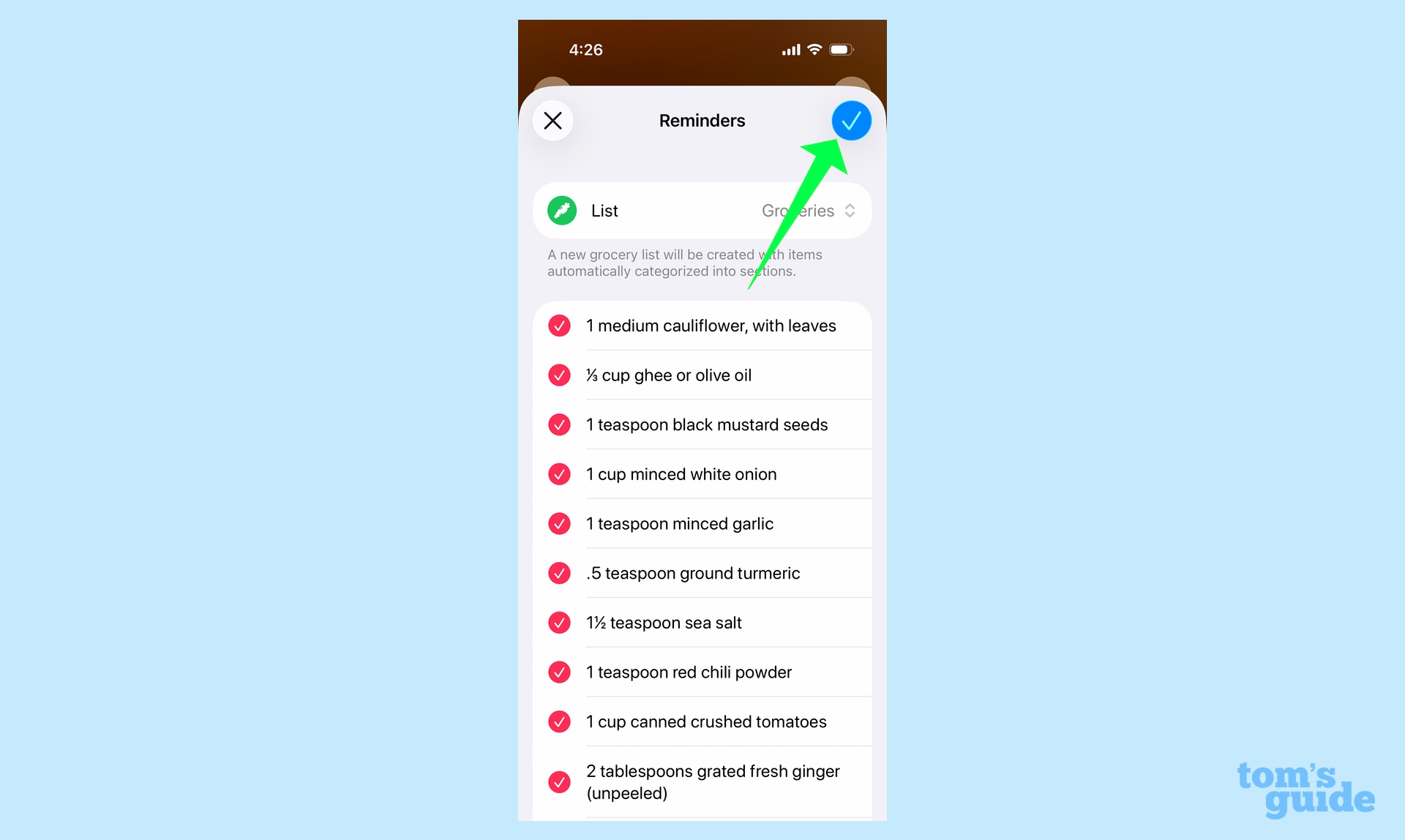 Approving a list of ingredients pulled from a recipe before sharing with Reminders app