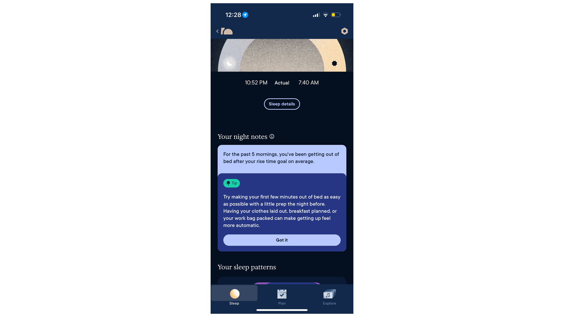 A screenshot of a Hatch Sleep Clock app showing sleep tips based on tracking data