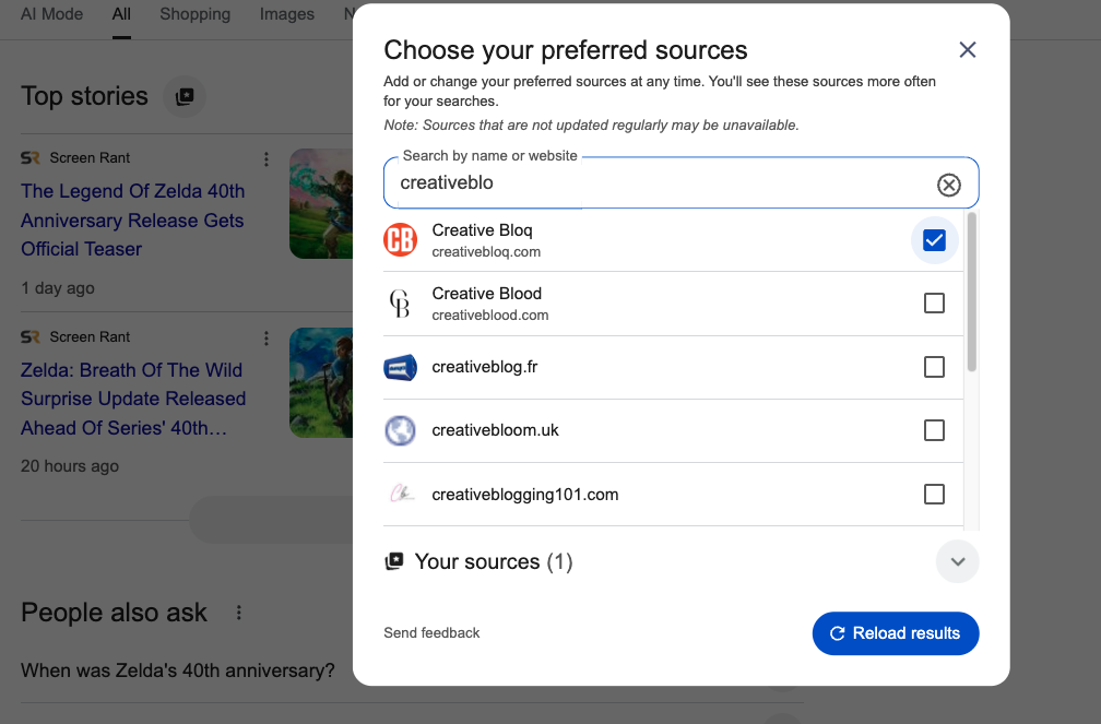 Google screenshot showing how to type in Creative Bloq to get it as a preferred source