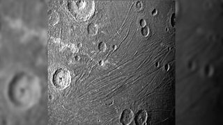 A close-up photo of furrows on the far side of Ganymede