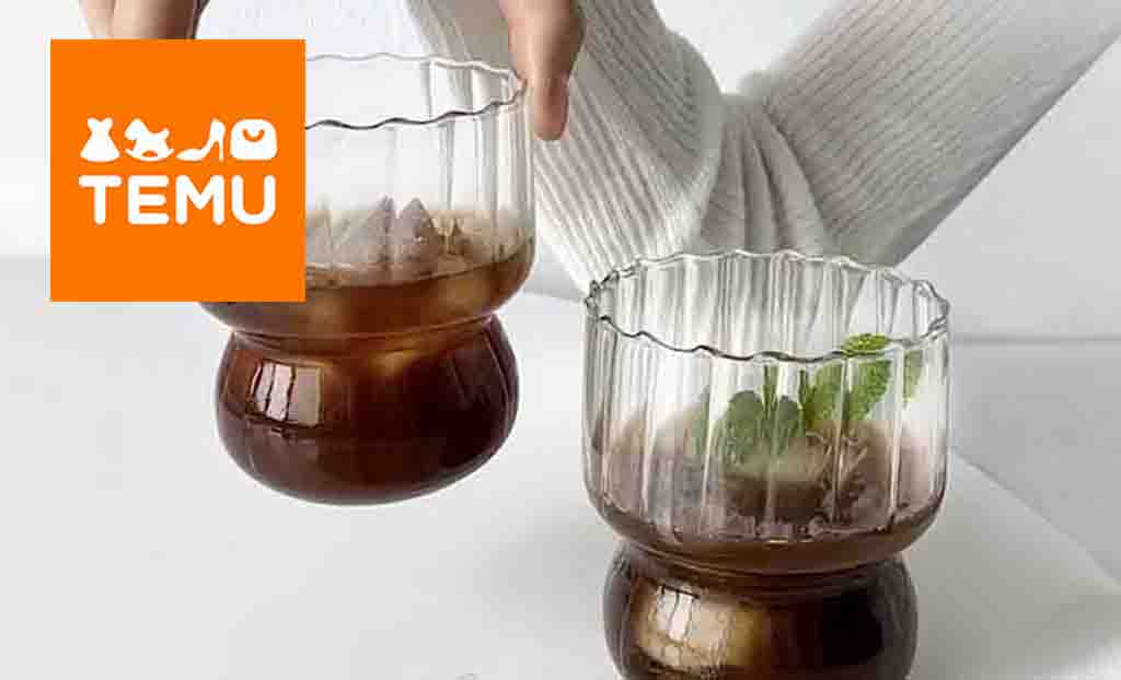 Temu logo placed over an image of two fancy glasses