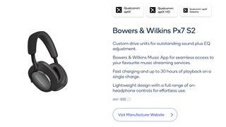 Bowers & Wilkins PX7 S2 headphones pictured on aptX website