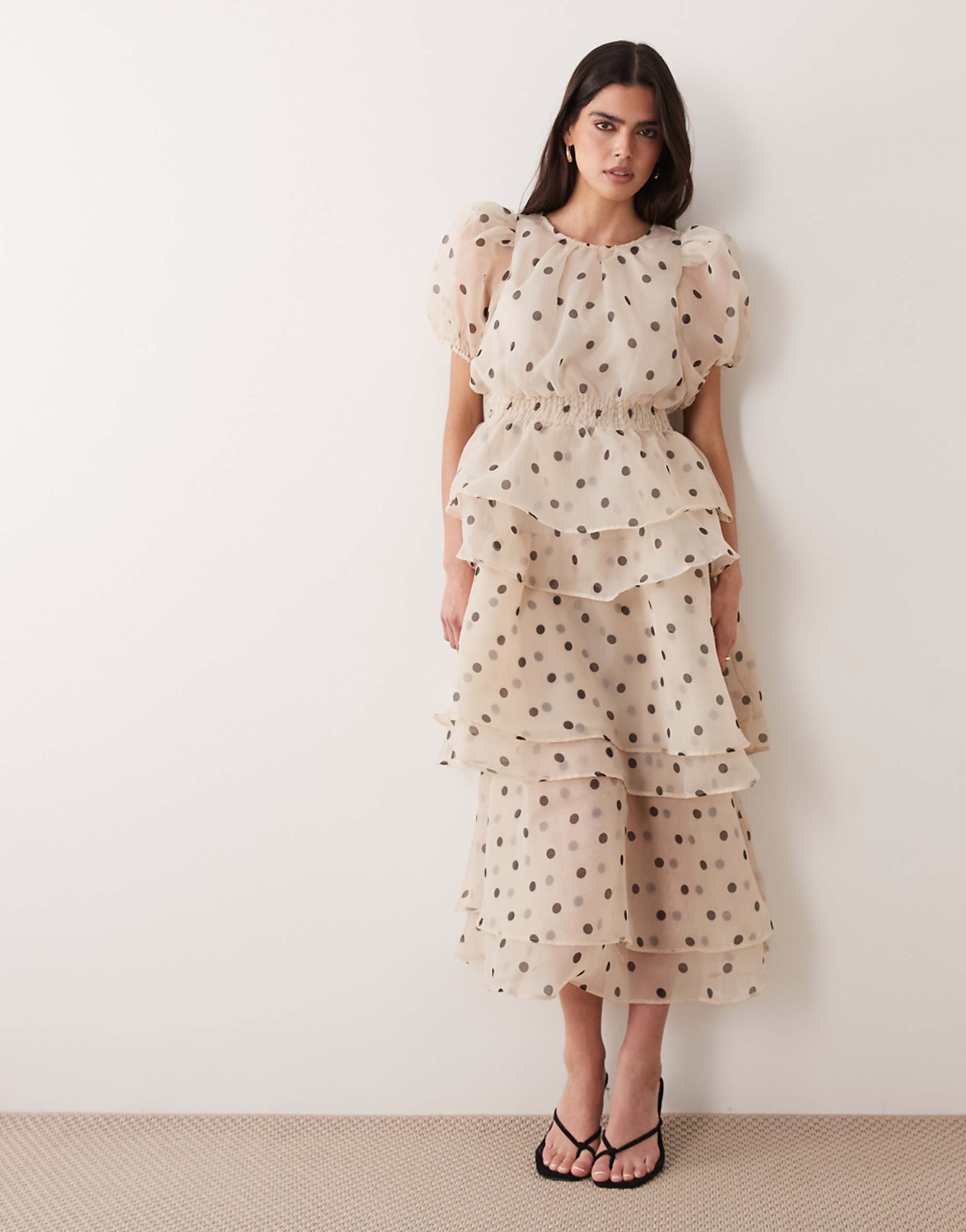 Vila Polka Dot Volume Sleeve Ruffle Midi Dress in Cream