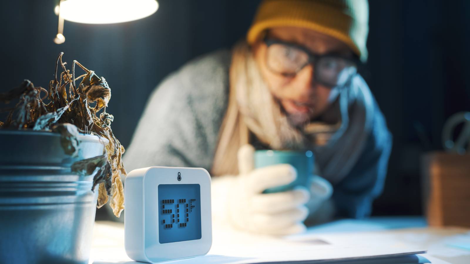 A dead plant sits next to a thermometer that reads 50F. A cold looking woman stares in the background
