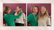 On the left is a picture of Michael Douglas styling Digital Beauty Editor, Fiona McKim's hair, alongside another picture (on the right), on the two posing together and smiling, with Fiona's hair in a finished, air-dried style/ in a pink sheer fabric-style template.