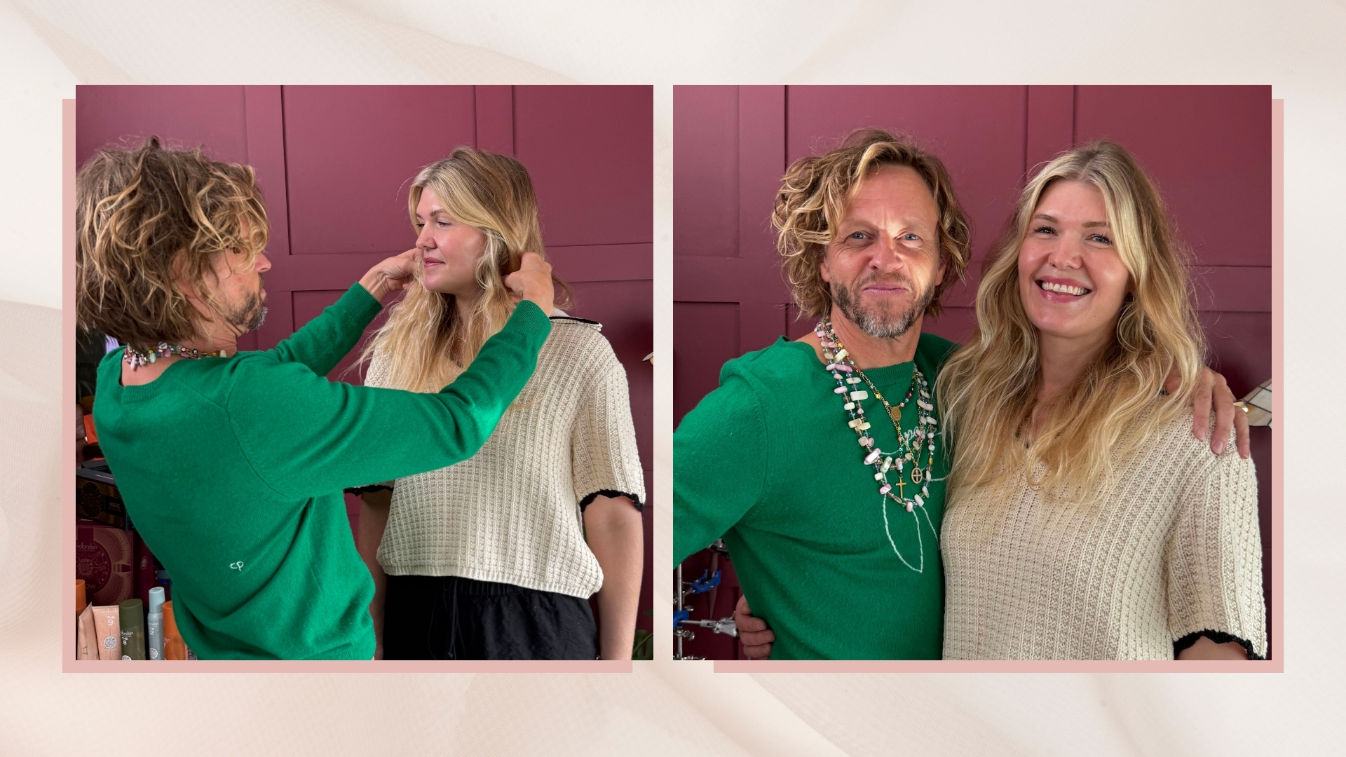 On the left is a picture of Michael Douglas styling Digital Beauty Editor, Fiona McKim's hair, alongside another picture (on the right), on the two posing together and smiling, with Fiona's hair in a finished, air-dried style/ in a pink sheer fabric-style template.