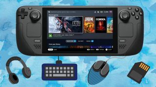 A Steam Deck console surrounded by an SD card, a gaming mouse, a keyboard and some headphones