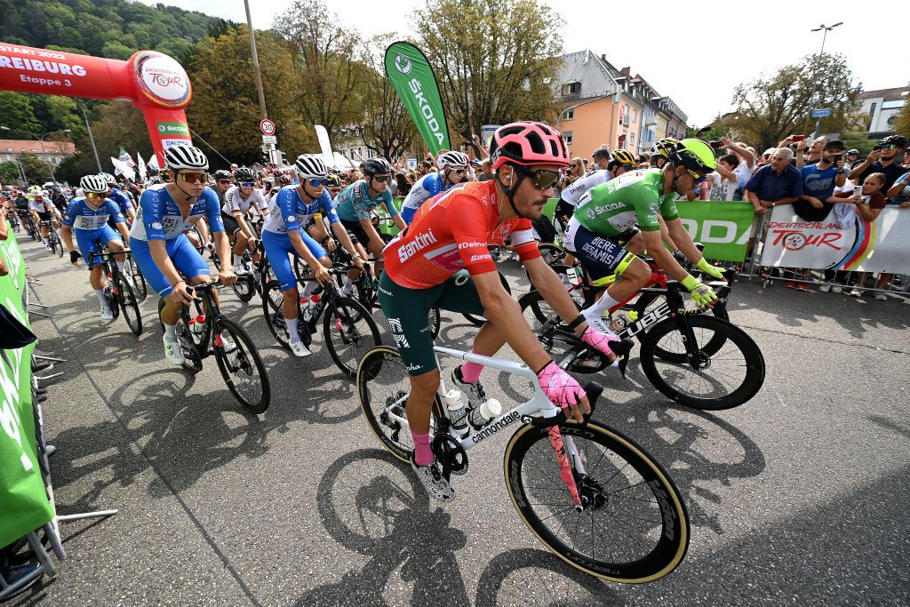 SCHAUINSLAND GERMANY AUGUST 27 LR Alberto Bettiol of Italy and Team EF Education Easypost Red Leader Jersey and Alexander Kristoff of Norway and Team Intermarch Wanty Gobert Matriaux Green Points Jersey during the 37th Deutschland Tour 2022 Stage 3 a 1489km stage from Freiburg to Schauinsland 1200m DeineTour on August 27 2022 in Schauinsland Germany Photo by Stuart FranklinGetty Images