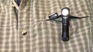 AceBeam H16 headlamp attached to a breast pocket