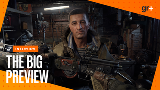 The player speaks with the armorer in Metro 2039, with the orange GamesRadar+ Big Preview frame