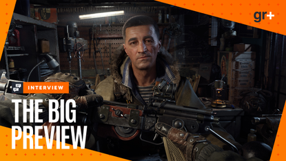 The player speaks with the armorer in Metro 2039, with the orange GamesRadar+ Big Preview frame