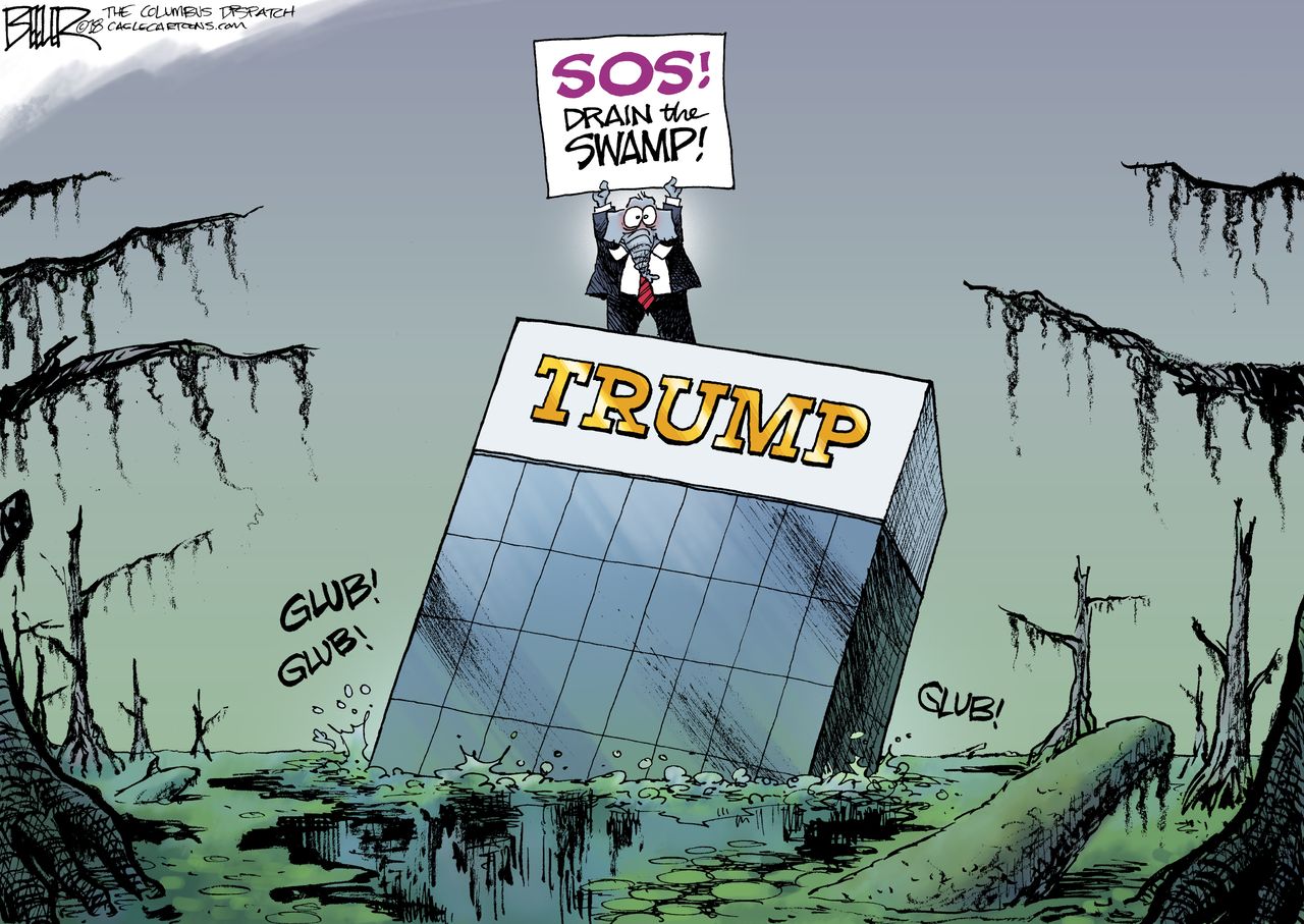 Political cartoon U.S. Trump tower drain the swamp Republicans GOP