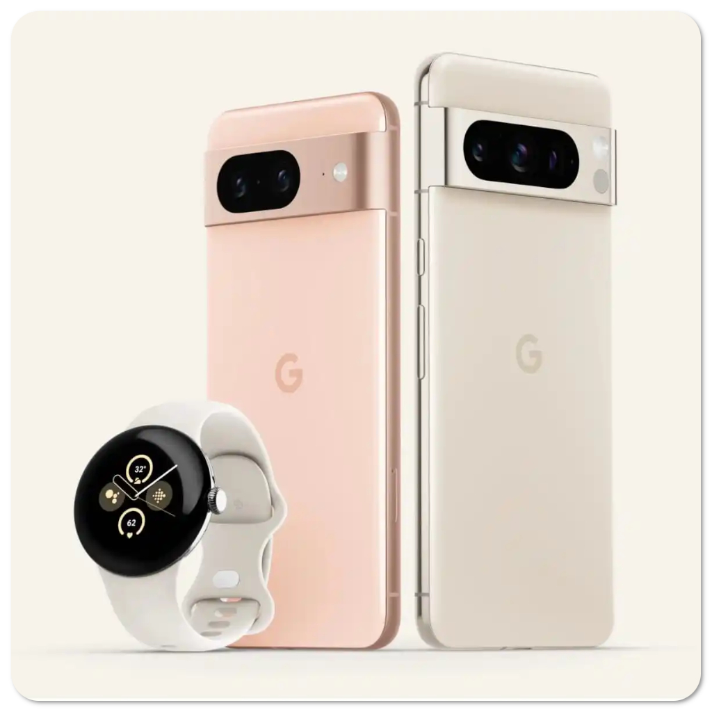 Image of the Pixel 8, Pixel 8 Pro, and Pixel Watch 2 wearable smart watch and smartphones