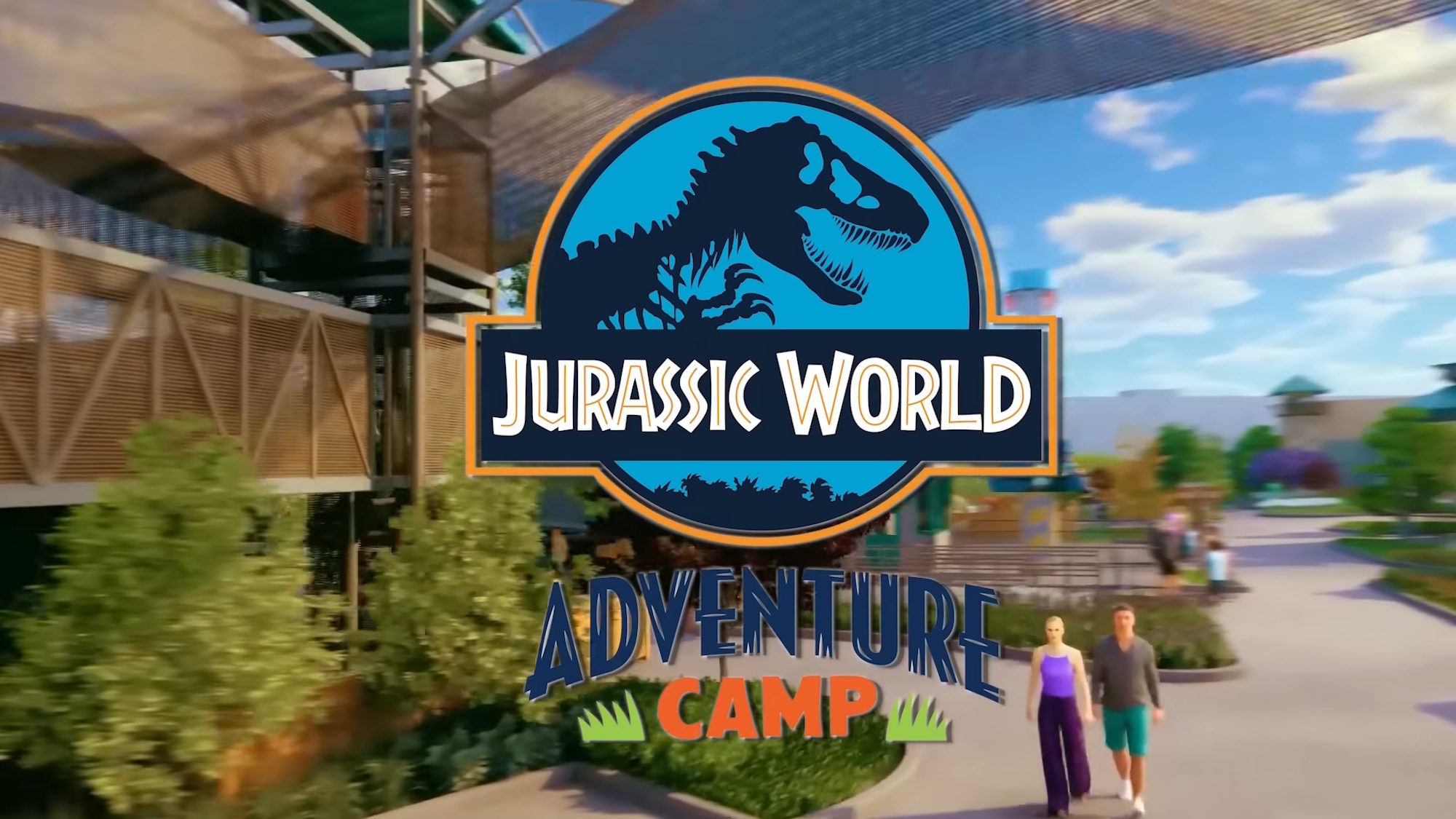The Jurassic World Adventure Camp title card is shown on Universal Kid Resort's fly-through video.