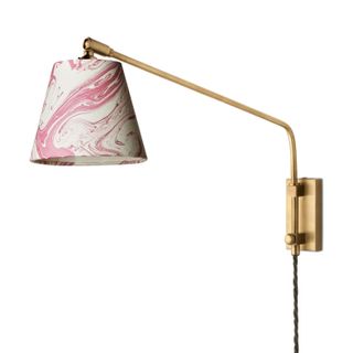 wall light with gold arm and white and red shade