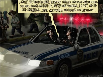 Political cartoon US sanctuary cities immigration police crime law enforcement political correctness