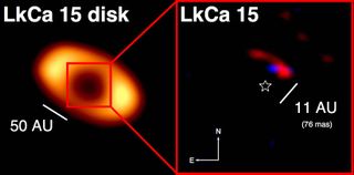 Left: The dusty disk around the star LkCa 15. All of the light at this wavelength is emitted by cold dust in the disk; the hole in the center indicates an inner gap. Right: An expanded view of the central part of the cleared region, showing a composite of two reconstructed images (blue: 2.1 microns; red: 3.7 microns) for LkCa 15 b. The location of the central star is also marked.