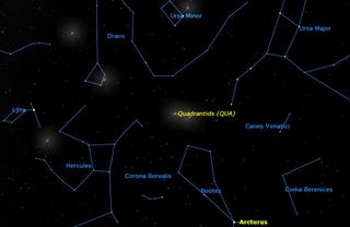 The 2015 Quadrantid meteor shower will peak on Jan. 3 and appear to radiate from a point north of the "kite" formation of the constellation Boötes.