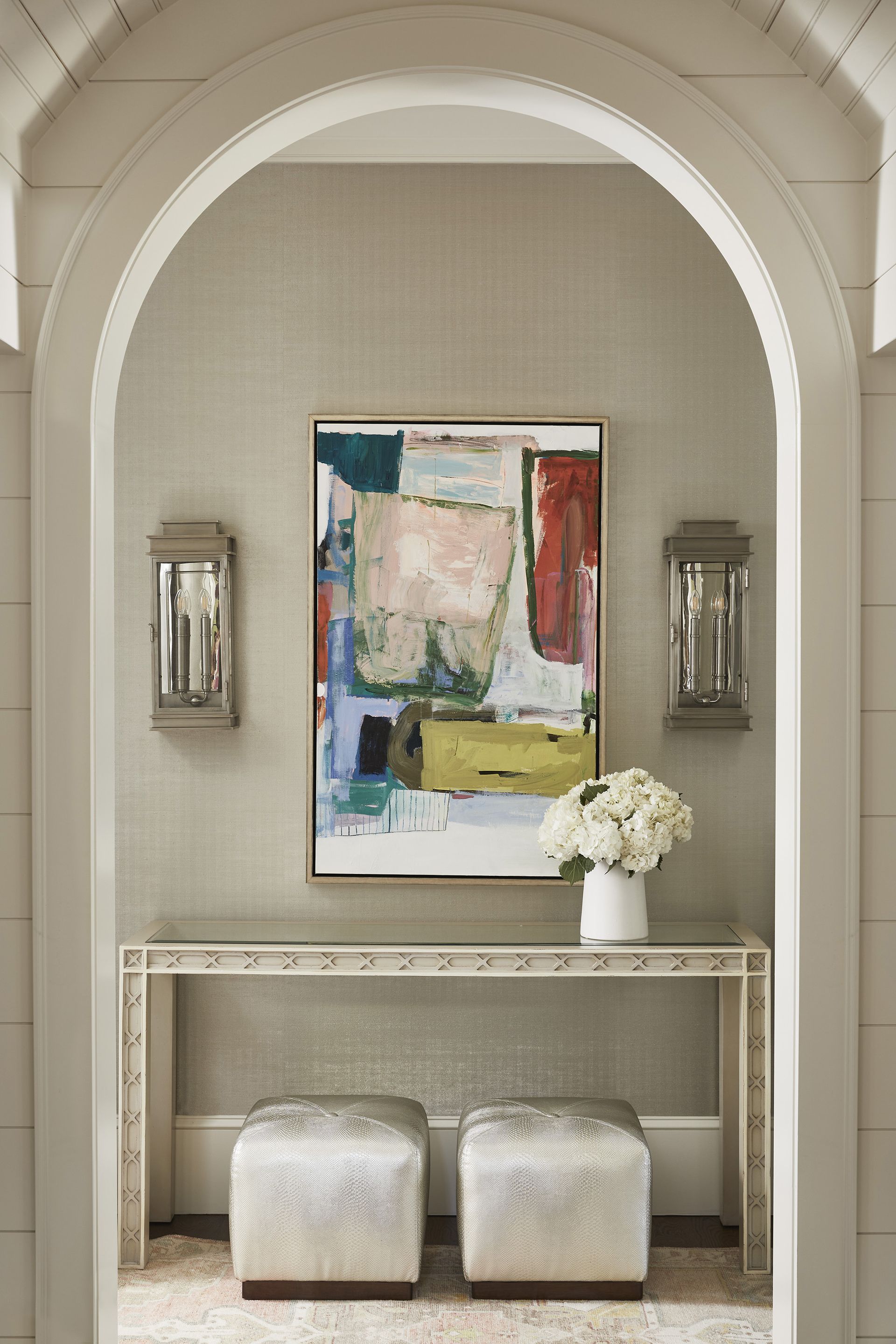 Neutral hallway with artwork