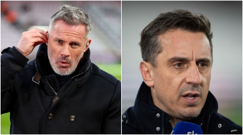 BOURNEMOUTH, ENGLAND - JANUARY 21: Former Liverpool player now a Sky TV pundit Jamie Carragher before the Premier League match between AFC Bournemouth and Liverpool FC at Vitality Stadium on January 21, 2024 in Bournemouth, England. (Photo by Robin Jones - AFC Bournemouth/AFC Bournemouth via Getty Images) Gary Neville