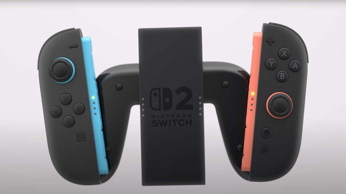 Nintendo Switch 2 JoyCon in the middle of connecting to the included gamepad accessory.