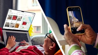 A person lying on their back with a laptop on the IKEA Second-hand Marketplace, next to a hand holding a phone photographing a chair