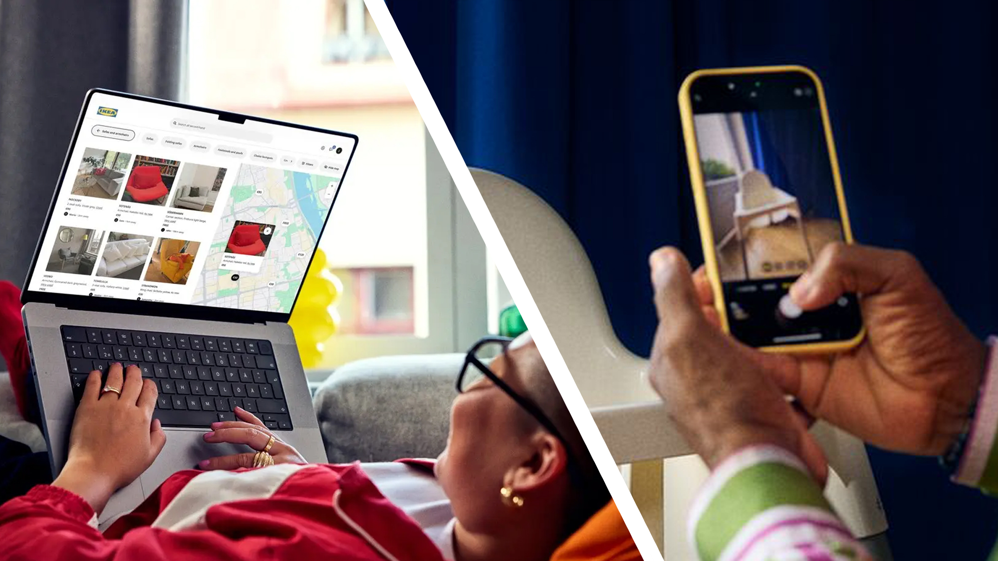 A person lying on their back with a laptop on the IKEA Second-hand Marketplace, next to a hand holding a phone photographing a chair