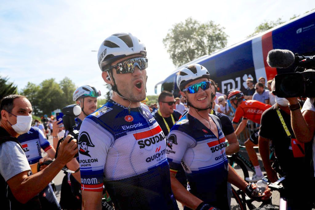 BOURG-EN-BRESSE, FRANCE - JULY 20: Stage winner Kasper Asgreen of Denmark and Team Soudal - Quick Step reacts after the stage eighteen of the 110th Tour de France 2023 a 184.9km stage from Mo&Atilde;&raquo;tiers to Bourg-en-Bresse / #UCIWT / on July 20, 2023 in Bourg-en-Bresse, France. (Photo by Martin Divisek - Pool/Getty Images)