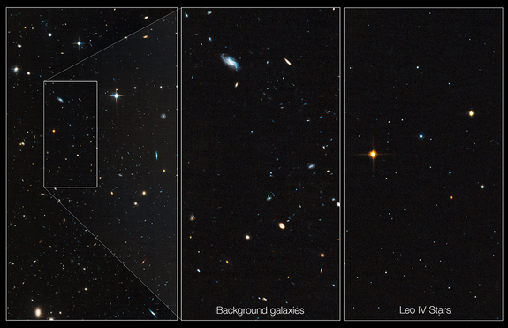 Dwarf galaxy Leo IV is hard to spot (left). A close-up view of the background galaxies within the box is shown in the middle image. The image at right shows only the stars in Leo IV. Image released July 10, 2012.