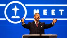 Southern Baptist Convention President Clint Pressley speaks during the organization's annual meeting in Dallas on June 10, 2025.