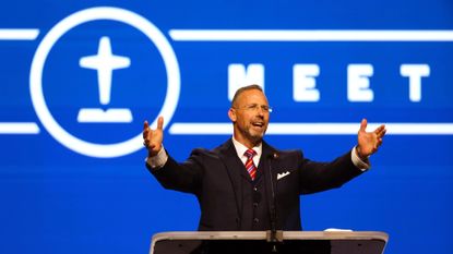 Southern Baptist Convention President Clint Pressley speaks during the organization's annual meeting in Dallas on June 10, 2025.