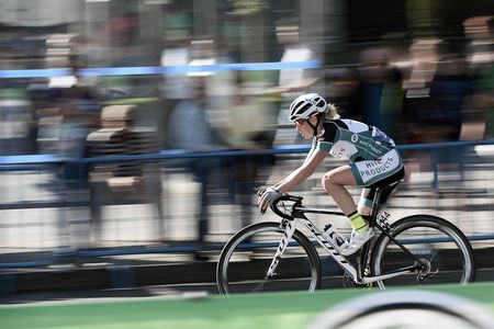 A cyclist competes in the inaugural Madrid Challenge by La Vuelta.