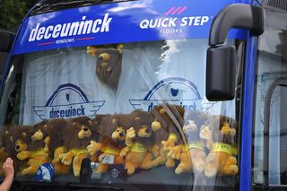 The toy lions of the Tour de France on the Deceuninck-QuickStep bus