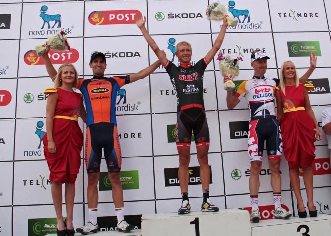 Podium after stage 1, Magnus Cort (Team CULT Energy) 1st, Nikola Aistrup (Concordia Forsikring-Riwal) 2nd and Lars Bak (Lotto Belisol) 3rd