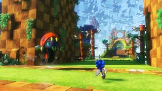Sonic Frontiers: Sonic heading into Green Hill Zone-themed location.