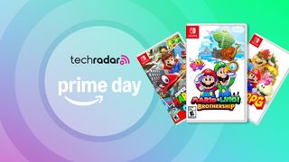 Mario & Luigi: Brothership, Super Mario Odyssey and Super Mario RPG in front of a purple and green gradient emblazoned with the words 'Prime Day'.
