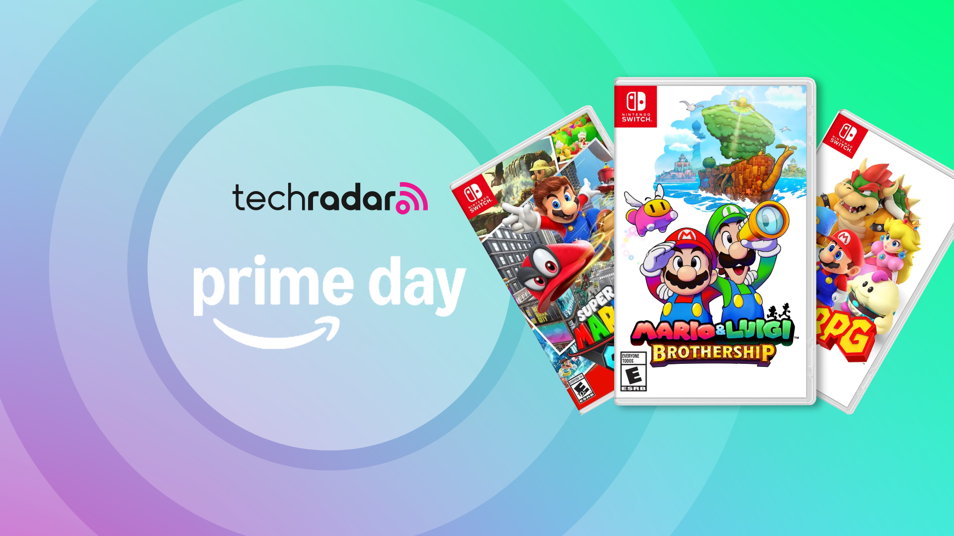 Mario &amp; Luigi: Brothership, Super Mario Odyssey and Super Mario RPG in front of a purple and green gradient emblazoned with the words &#039;Prime Day&#039;.