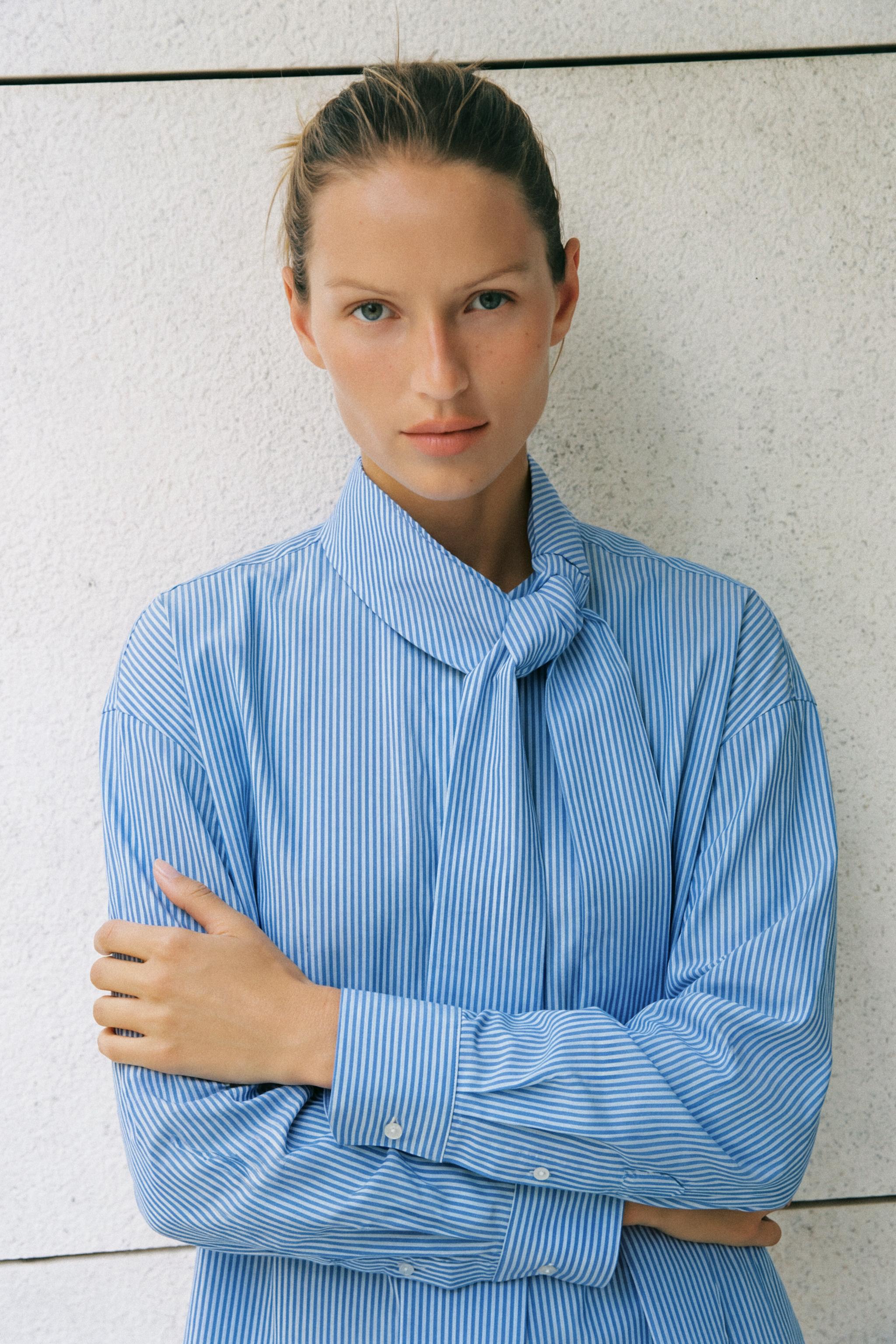 Striped Tie-Neck Shirt - Blue - S