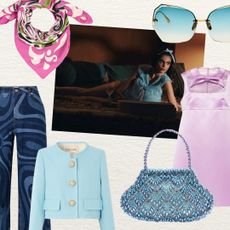 a collage of products inspired by the TV show Palm Royale