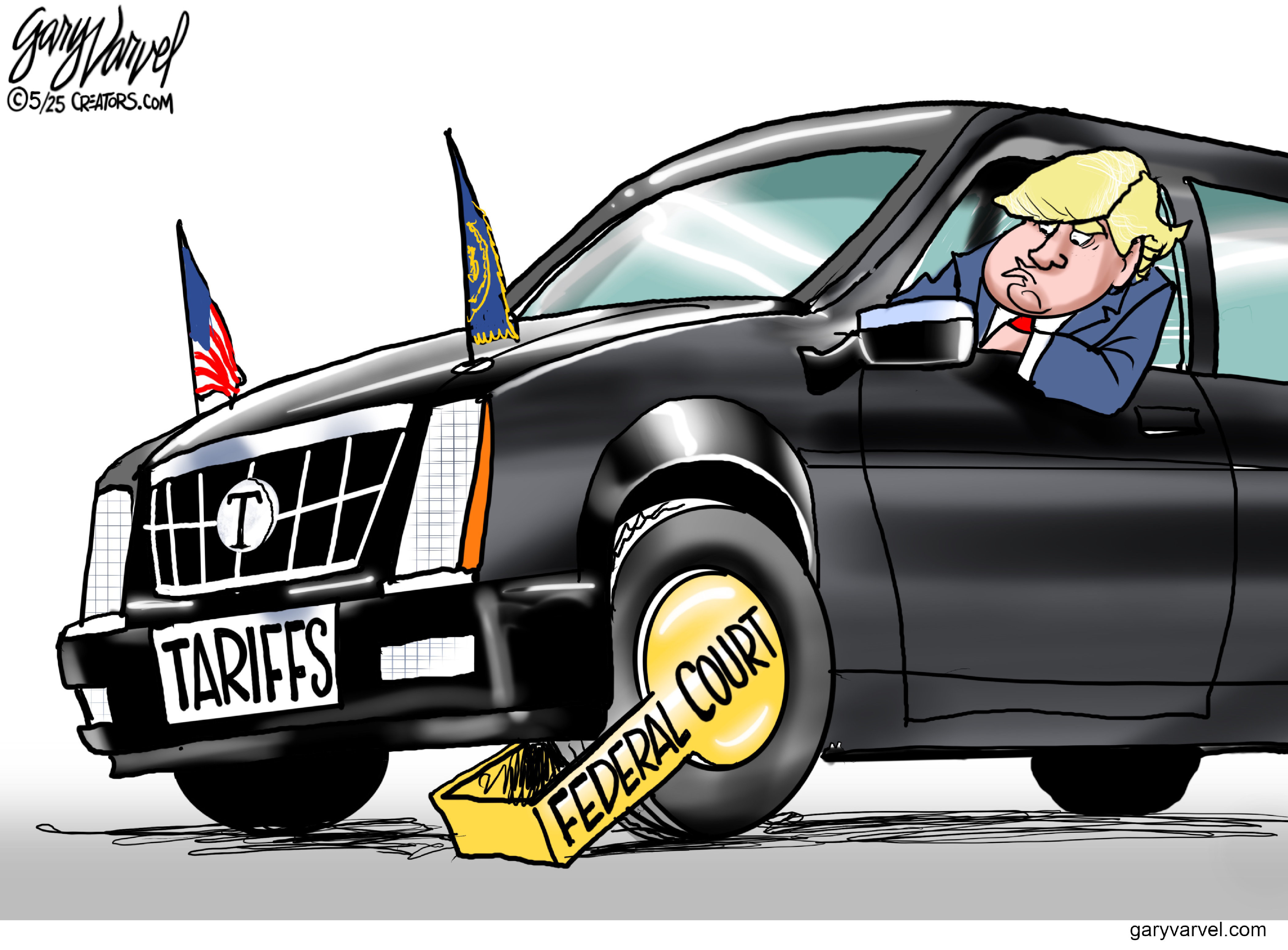 This political cartoon depicts Donald Trump behind the steering wheel of a black car with a license plate that reads “Tariffs.” The car looks like the kind you’d see in a Presidential motorcade. There is a Denver boot labeled “Federal Court” on the driver’s side tire which keeps the car from moving.