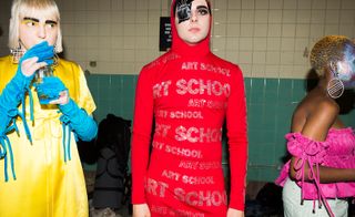 Art School S/S 2018 model wearing full read 1 piece suit