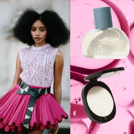 a woman in a pink skirt on a pink bubble background next to two solid perfumes